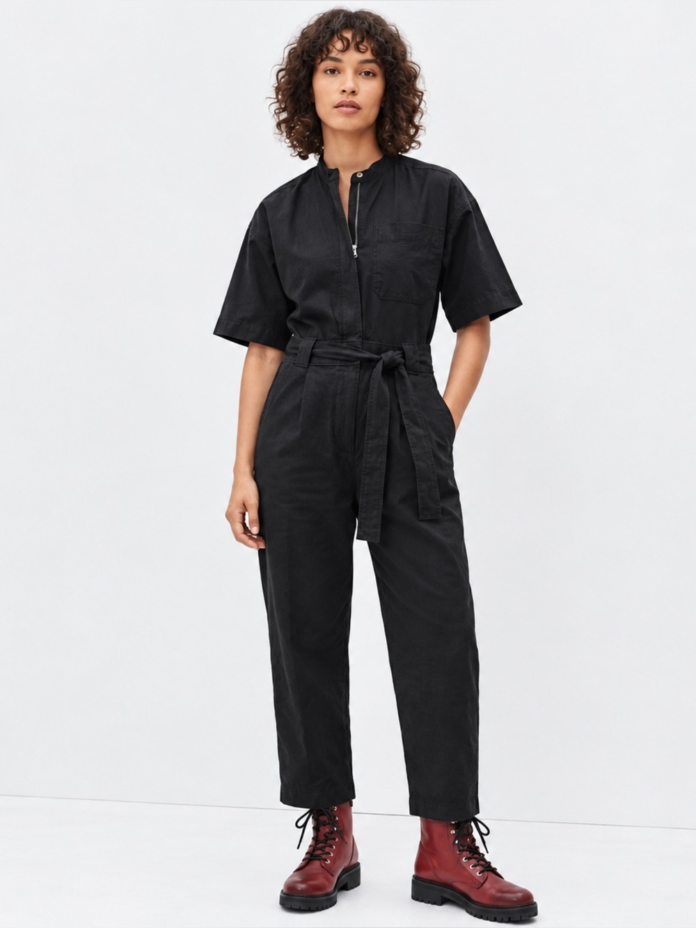 Everlane The Fatigue Short-Sleeve Jumpsuit Crop Belted Organic Cotton Gray 6